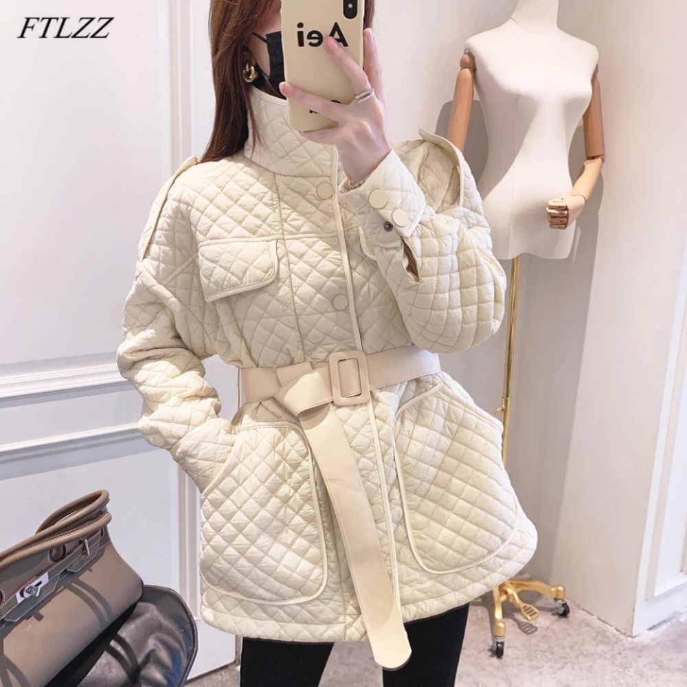 Quilted Jacket coat pocket belt British fashion white button winter outerwear - Picture 10 of 13